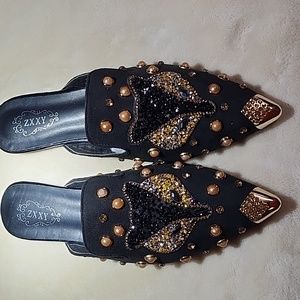 Womens Metal Toe Fox Rhinestones Crystal Loafers Low Heel Mules Shoes